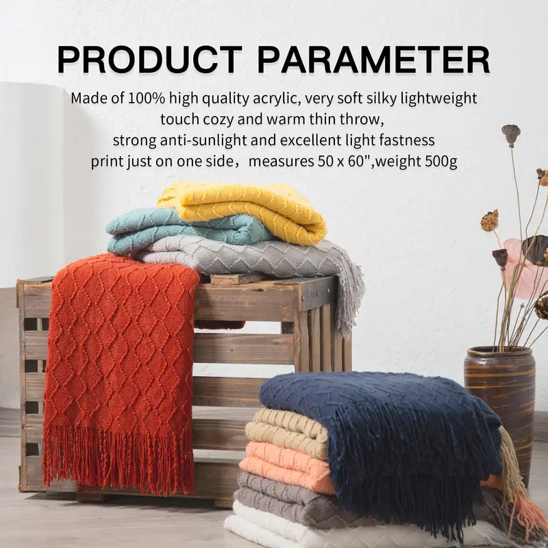 Knit Throw Blanket with Tassels for Couch and Bed (50x60in)